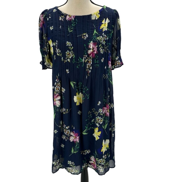DKNY Short Sleeve Floral Print Midi Dress - Navy Blue - size 4